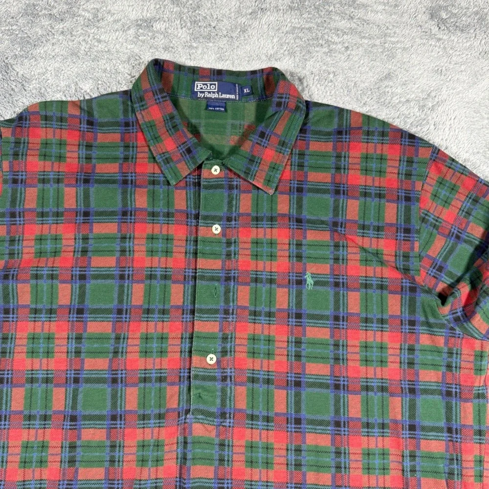 Vintage 90s Polo Ralph Lauren Plaid 1/2 Button Polo Shirt‎ Red Green Size XL